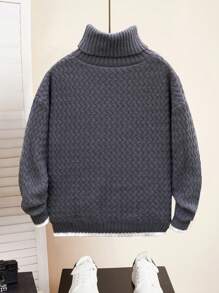 SHEIN Leap Crew Tween-Jungen Lässiger Rollkragenpullover mit lockerer Passform, Farbblock-Design, geeignet für Pendeln, Schule, Lässig , Sport, Herbst/Winter - Grau - Übersicht 2
