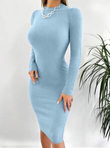 RueChic Women'S Round Neck Long Sleeve Ribbed Sweater Dress - Mauve Purple - View 5