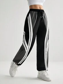 Streetz SHEIN Sport Women's Contrasting Splice Drawstring Waist Dance & Sports Long Pants - Black and White - View 4