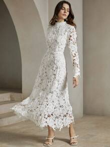 Anewsta Váy ren dài tay màu trắng khoét sâu cho phụ nữ dự tiệc ngày lễ Maxi Trang phục nữ - trắng - Xem 3