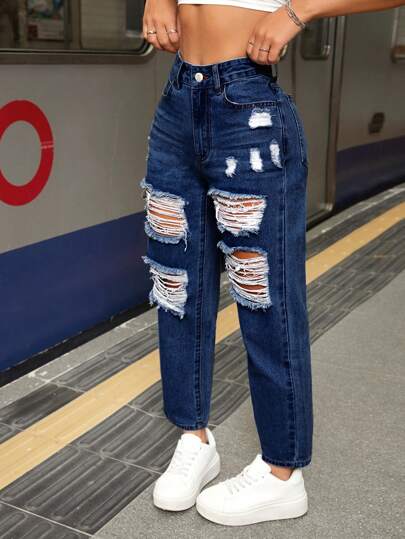 SHEIN PETITE Women's Front Button Pocket Distressed Casual Denim Jeans,Baggy Jeans,Women's Ripped Mid Waisted Boyfriend Jeans Loose Fit Distressed Stretchy Denim Pants,