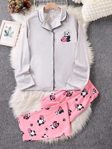 2pcs/Pajama Set Cute Panda & Donut Print Cardigan Leisure Wear For Teenage Girls, Long Sleeve Top And Pants