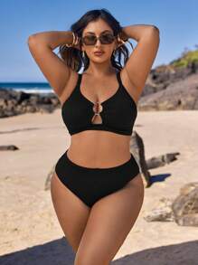 SHEIN Swim Curve 大码时尚特殊面料补充两件套比基尼泳装套装夏季 - 黑色 - 查看 1