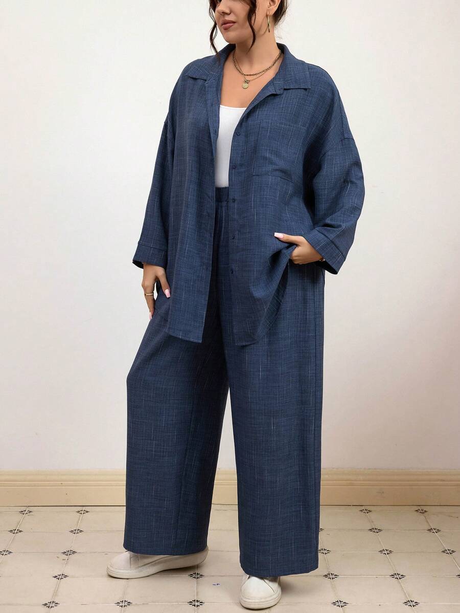 Mulvari 2 件大码休闲长袖衬衫和裤子套装，春季/秋季 - 藍色 - 查看 1