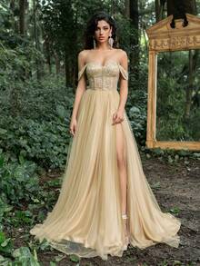 Faeriesty Off-Shoulder Abendkleid mit Rückenteil-Schnürung, elegantes Abendkleid für Hochzeitsgäste, für Graduierung, Dinner