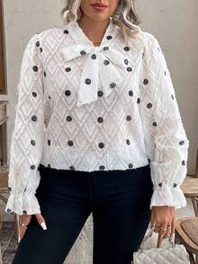 Celure Plus Size Ladies' Elegant Polka Dot Bow Tie Blouse, Spring & Summer - White - View 4
