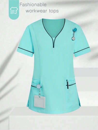 TaskEZ Women's V-Neck Short Sleeve Contrast Color Double Pockets Fashionable Casual Scrub Tops Nurse/Doctor Work Uniforms Top, Health Check Surgical Uniforms Top For Women Solid Colors Pet Grooming Work Uniforms Scrub Tops Nutritionist Work Short Sleeves Lab Work Top, Multi-Pockets Functional Work Functional Women's Top Can Be Worn On Christmas
