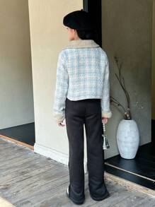 SHEIN Tween 女童蓬松领格子拼布长袖优雅粗花呢夹克，秋冬 - 藍色 - 查看 2