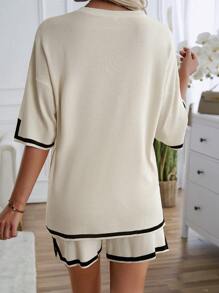 Bộ 2 món/Bộ đồ dệt kim màu tương phản mùa hè cho nữ, áo tay ngắn và quần short dây rút - Màu be - Xem 2