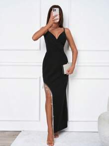 SHEIN Tall Rhinestone Fringe Trim Asymmetrical Hem Cami Dress - Black - View 1