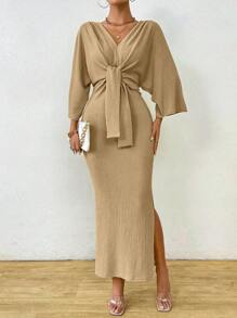 Celisse Robe élégante pour femmes, couleur unie, col en V, manches chauve-souris, ceinturée avec fente latérale, pour le printemps et l'été