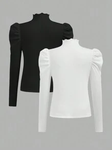 SHEIN 2pcs Tween Girl Casual Solid Color Knit Funnel Neck Raglan Sleeve Top Set