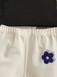 Bộ 3 món/Bộ áo nỉ trùm đầu họa tiết hoa ngắn tay cho bé gái + áo hai dây + quần dài Bộ trang phục mùa thu - Màu be - Xem 4