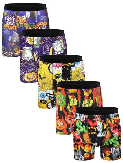 5pcs Men's Halloween Pumpkin Head Print Socks