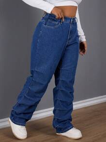 SHEIN SXY Plus Size Pleated Decorative Straight-Leg Jeans - Dark Wash - View 4