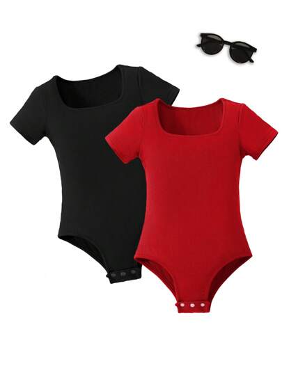 Sparklyn 2pcs/Set Tween Girl Solid Color Knitted Bodysuit, Spring/Summer, School, Campus, College Summer Holiday