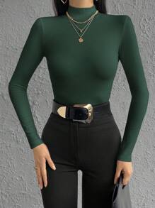 Cloudara Solid Mock Neck Ribbed Knit Tee - Dark Green - View 3