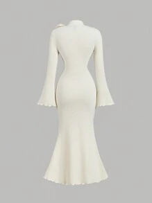 SHEIN MOD Váy cổ lọ màu mơ cho nữ, váy dài tay, váy dạ hội, trang phục nữ, váy mùa đông cho nữ, váy thanh lịch, năm mới, váy lễ tình nhân cho nữ, váy quần áo mùa thu cho nữ - Màu be - Xem 2