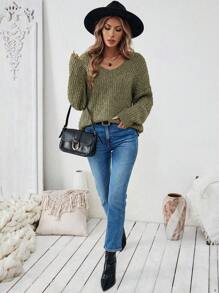 Chiquease Plain V-Neck Long Sleeve Minimalist Pullover Sweater, Casual Everyday Wear, Knit Pullover Fall Winter - Army Green - View 4