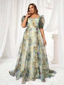 SHEIN Belle 大码花卉印花公主袖分层荷叶边高开叉长裙浪漫、优雅、甜美度假风礼服、婚礼活动礼服、舞会晚礼服，适合婚礼嘉宾、毕业典礼、晚宴 - 彩色 - 查看 5