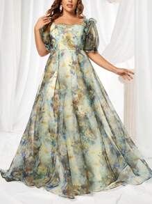 SHEIN Belle 大码花卉印花公主袖分层荷叶边高开叉长裙浪漫、优雅、甜美度假风礼服、婚礼活动礼服、舞会晚礼服，适合婚礼嘉宾、毕业典礼、晚宴 - 彩色 - 查看 7