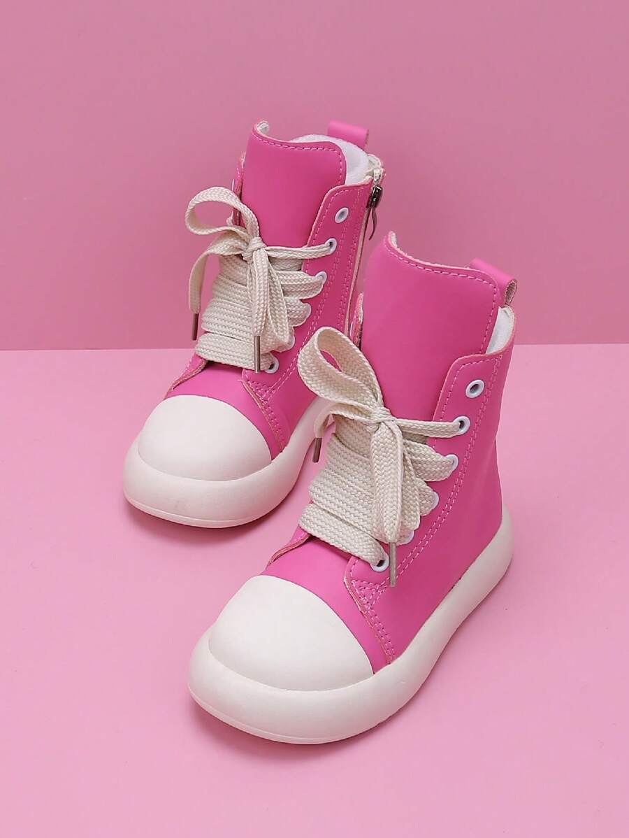 儿童时尚系带真皮平底中筒休闲靴 - 粉色 - 查看 1