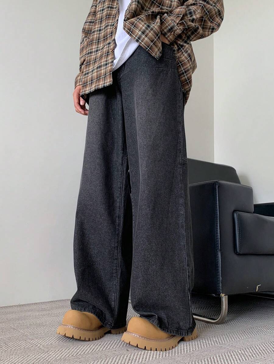 Manfinity EMRG Men's Vintage Washed Dark Grey Baggy Wide Leg Jeans