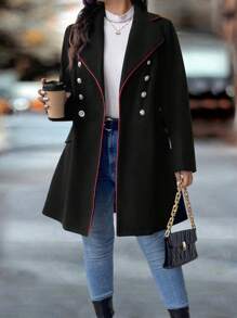 SHEIN LUNE Plus Size Women's Double-Breasted Knitted Blend Coat Jacket With Decorations, For Fall/Winter - Black - View 3