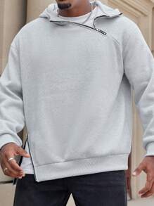 Manfinity Homme Plus Size Men's Solid Color Front Zip Long Sleeve Casual Hoodie - Light Grey - View 1