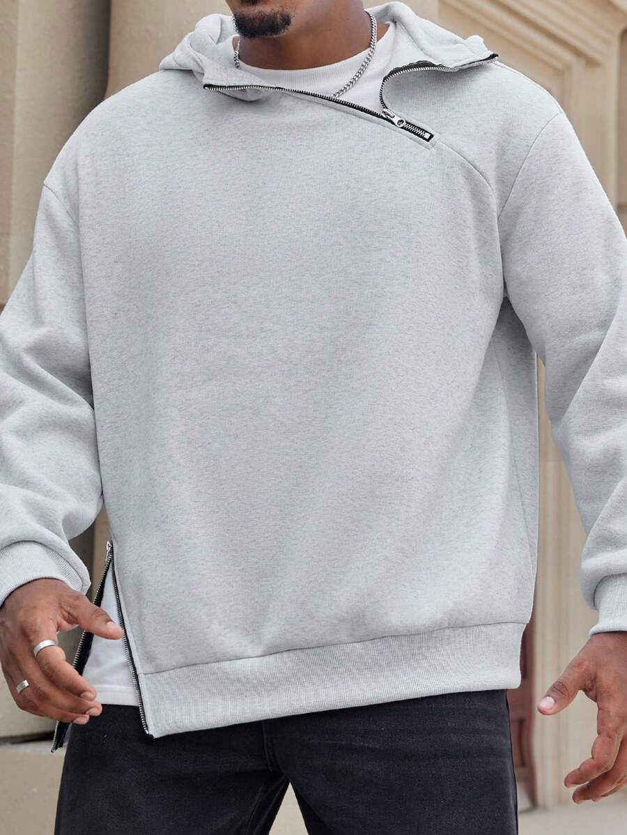 Manfinity Homme Plus Size Men's Solid Color Front Zip Long Sleeve Casual Hoodie - Light Grey - View 1