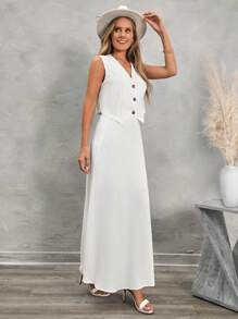 SHEIN LUNE 2 piezas Conjunto de chaleco sin mangas blanco con botones + falda larga informal para mujer - Blanco - Ver 4
