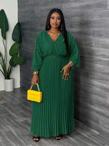 Slaydiva Váy suông màu xanh lá cây bó eo cỡ lớn, thường ngày/nghỉ mát, cổ chữ V cỡ lớn - M - Màu xanh lá cây đậm - Xem 5