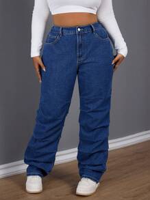 SHEIN SXY Plus Size Pleated Decorative Straight-Leg Jeans - Dark Wash - View 7