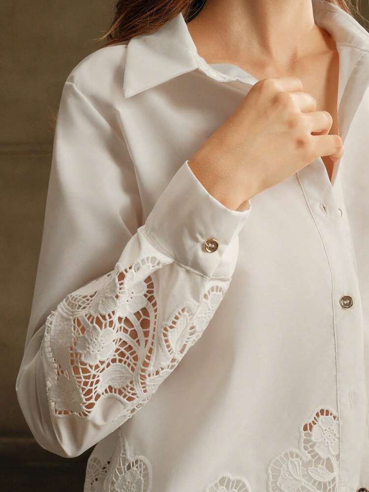 2pcs Women Elegant Casual Lace Hollow Embroidery Long Sleeve Shirt + Shorts Set, Spring Summer