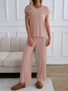 女士休闲两件套：圆领毛衣背心和宽松阔腿针织裤，秋冬 - 淺粉色 - 查看 5