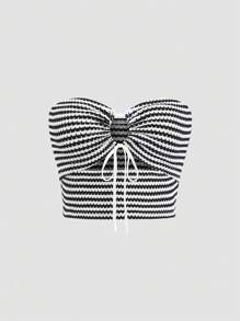 Sweetra 女士夏季条纹系带镂空休闲抹胸 - 黑與白 - 查看 1