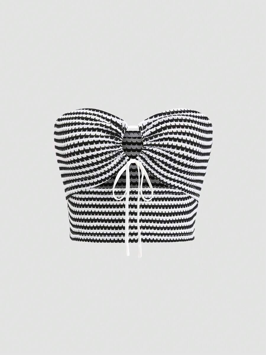 Sweetra 女士夏季条纹系带镂空休闲抹胸 - 黑與白 - 查看 1