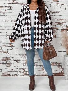 SHEIN LUNE 大码秋冬季超加厚双抓绒保暖外套女秋季女几何图案双面连帽羊毛夹克带口袋冬装帽衫 - 彩色 - 查看 5