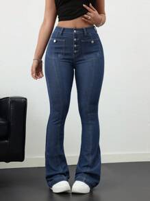 SHEIN Tall 女士牛仔裤 紧身弹力喇叭裤 排扣牛仔裤 蓝色牛仔裤 打底裤 喇叭裤 女式紧身裤 秋季裤子 牛仔裤 高腰牛仔裤 返校节 - 深色水洗藍 - 查看 6