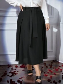 Mulvari Plus Size Solid Color Casual Skirt, Spring&Autumn - Black - View 1