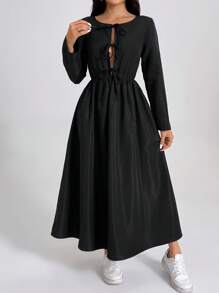 SHEIN PETITE Women's Black Long Sleeve Basic Fashion Dress With Bow Tie At Waist