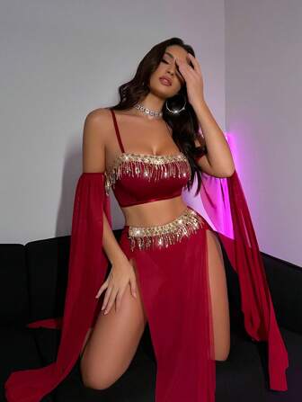 Fantasy Costume 5 Stücke/Set funkelnde Quasten Netz-BH Set für Damen, BHs ohne Bügel, Lingerie