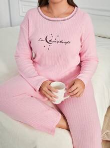 RueChic 100% Cotton 2Pcs Plus Size Injection Slogan Printed With Contrast Stitching Detail PJ Set - Pink - View 1