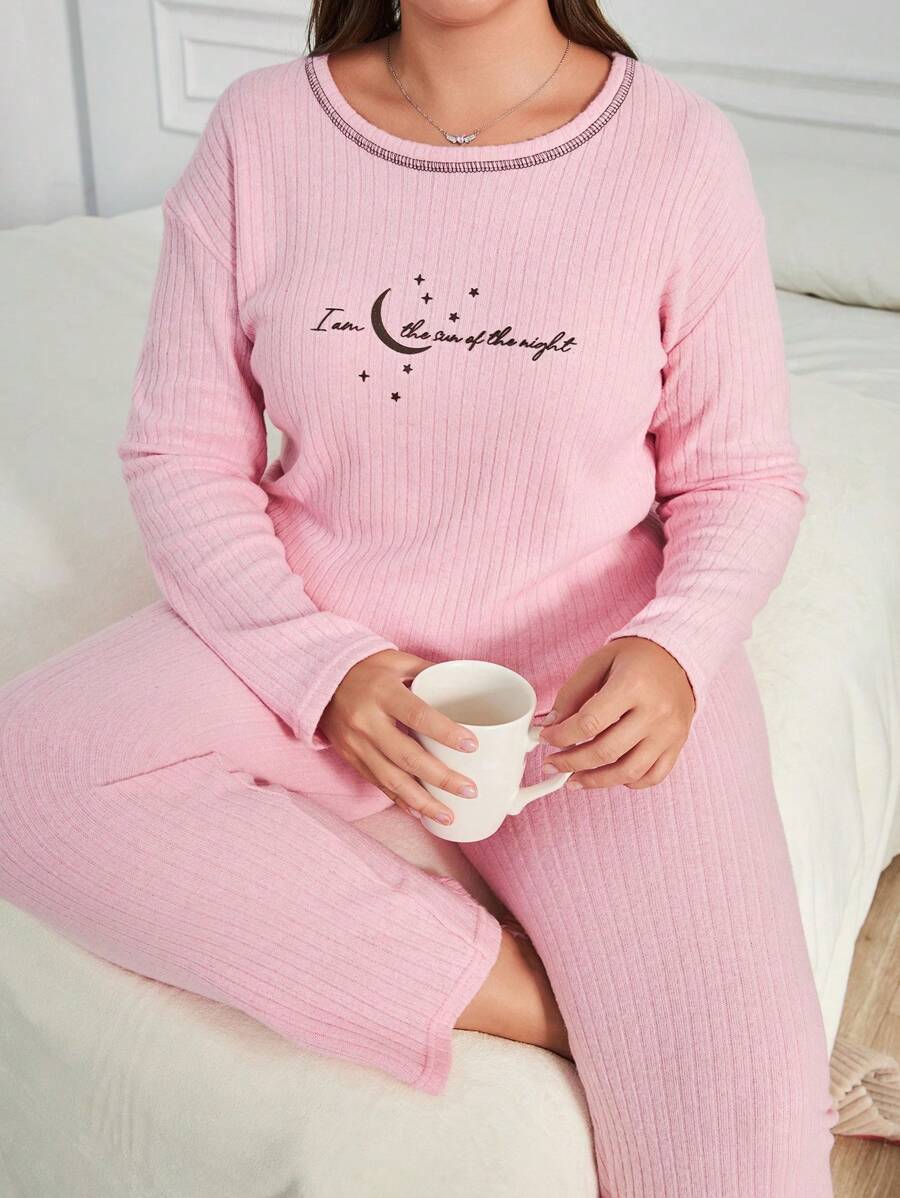 RueChic 100% Cotton 2Pcs Plus Size Injection Slogan Printed With Contrast Stitching Detail PJ Set - Pink - View 1