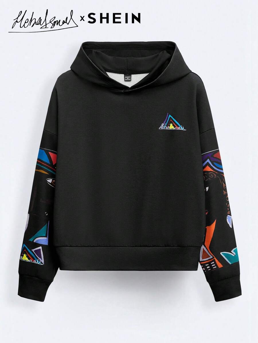 Manfinity VCAY SHEIN X Arab Artists 男士连帽衫，适合秋冬 - 黑色 - 查看 1