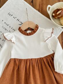 SHEIN Babygirl Autumn/Winter Cute Corduroy Color Block Ruffle Hem Long Sleeve Dress - Brown - View 4