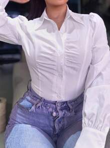 SHEIN PETITE 女士休闲荷叶边饰领衬衫女士衬衫，长袖上衣 - 白色 - 查看 3