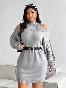 Flirla 流行大码女式舒适灯笼袖灰色针织高领性感露肩毛衣连衣裙，冬季 - 灰色 - 查看 7