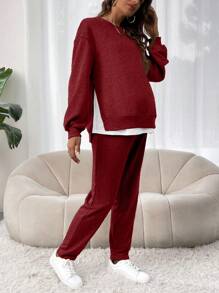 SHEIN 2 件套孕妇简约圆领长袖上衣和裤子套装 - 乾枯玫瑰色 - 查看 5