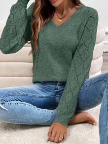 EMERY ROSE 镂空V领休闲针织毛衣